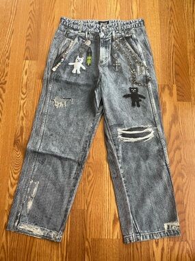 RIPNDIP Distressed Graphic Jeans Size 32 Black Acid Wash Streetwear Pants